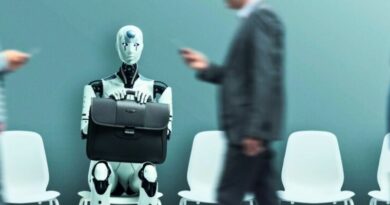 Empresários e robô humanoide sentado esperando por uma entrevista de emprego.